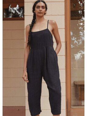 First Rite Women's MIRA Black Linen Jumpsuit Sleeveless With Pockets Size XL
